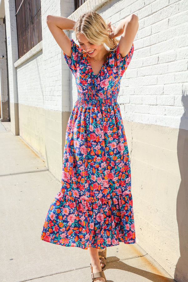 Find Love Blue Floral Raglan Puff Sleeves V Neck Smocked Waist Maxi - Coeur de la Mode