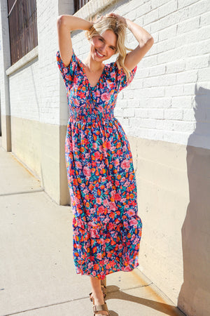 Find Love Blue Floral Raglan Puff Sleeves V Neck Smocked Waist Maxi - Coeur de la Mode
