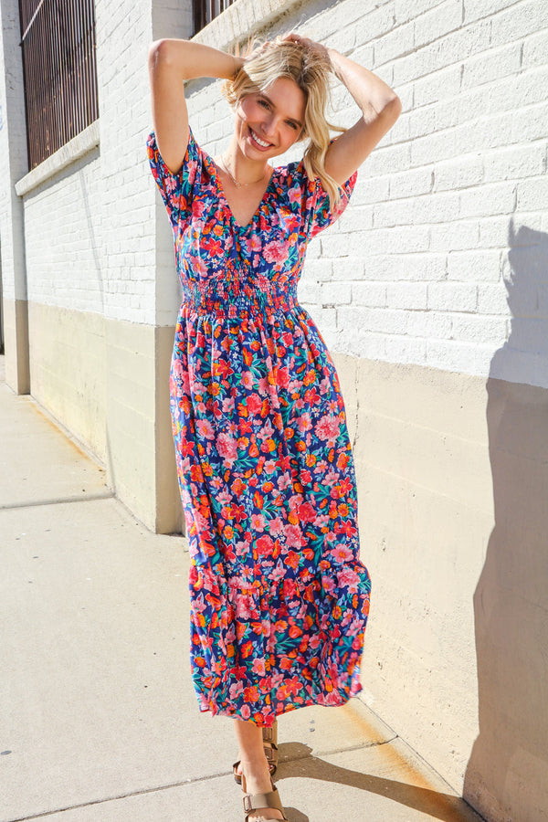 Find Love Blue Floral Raglan Puff Sleeves V Neck Smocked Waist Maxi - Coeur de la Mode
