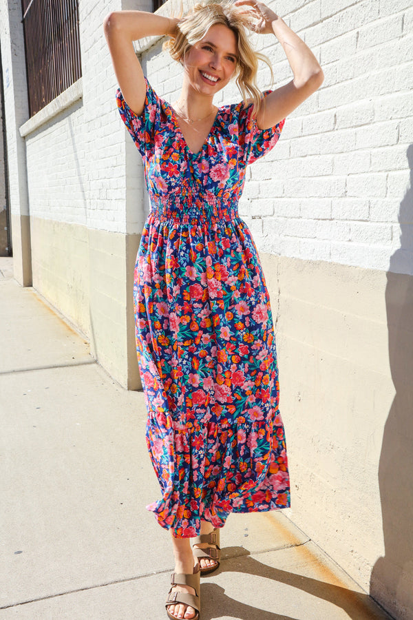Find Love Blue Floral Raglan Puff Sleeves V Neck Smocked Waist Maxi - Coeur de la Mode