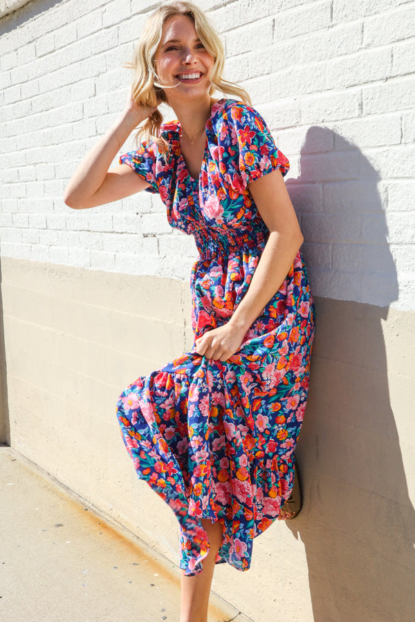 Find Love Blue Floral Raglan Puff Sleeves V Neck Smocked Waist Maxi - Coeur de la Mode