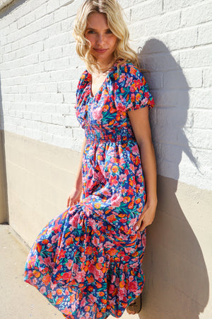 Find Love Blue Floral Raglan Puff Sleeves V Neck Smocked Waist Maxi - Coeur de la Mode