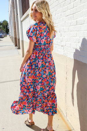 Find Love Blue Floral Raglan Puff Sleeves V Neck Smocked Waist Maxi - Coeur de la Mode