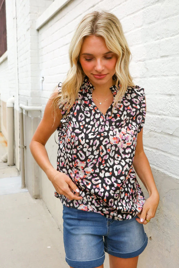 Dazzle In Black Leopard Print Frill Notch Neck Top