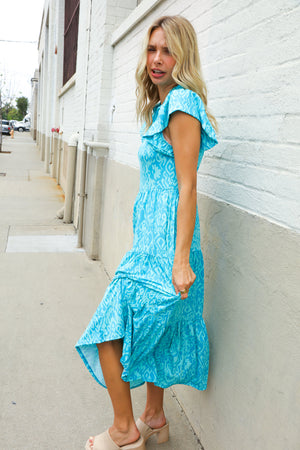 Find Love Blue Boho Print Flutter Sleeve Fit & Flare Dress