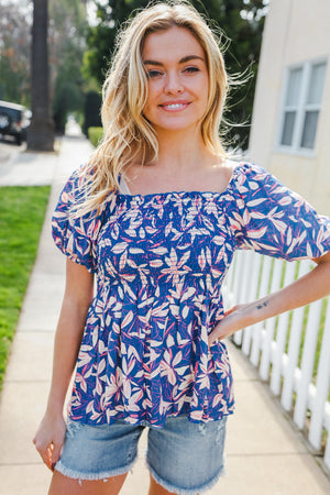 Blue & Pink Floral Square Neck Crinkle Smocked Top - Coeur de la Mode