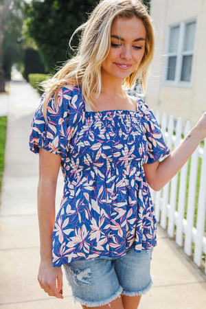 Blue & Pink Floral Square Neck Crinkle Smocked Top - Coeur de la Mode
