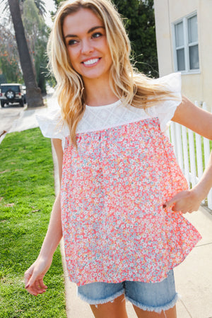 Coral & White Cotton Floral Embroidered Yoke Top - Coeur de la Mode