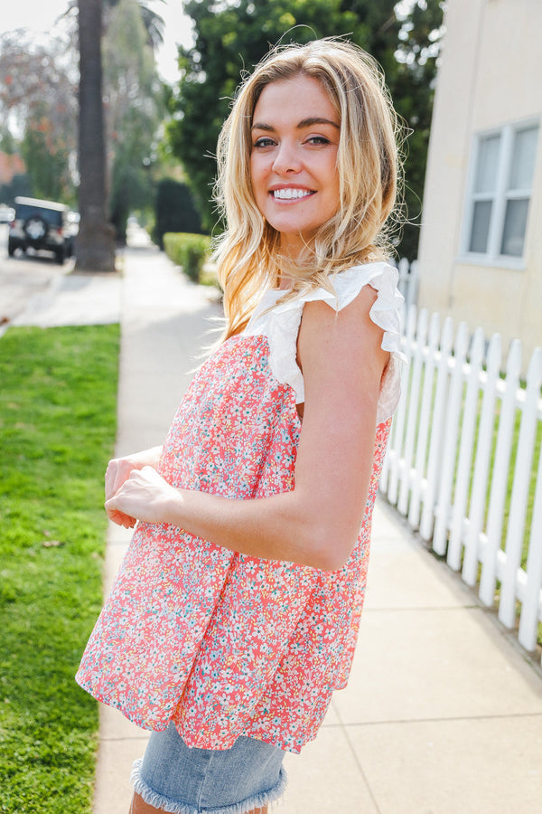 Coral & White Cotton Floral Embroidered Yoke Top - Coeur de la Mode