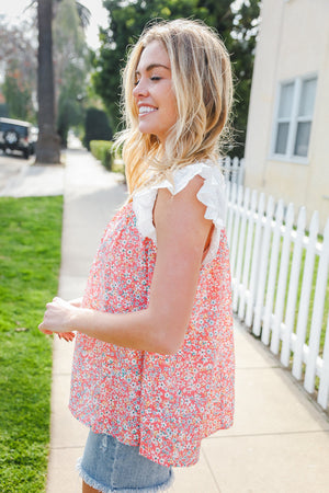 Coral & White Cotton Floral Embroidered Yoke Top - Coeur de la Mode