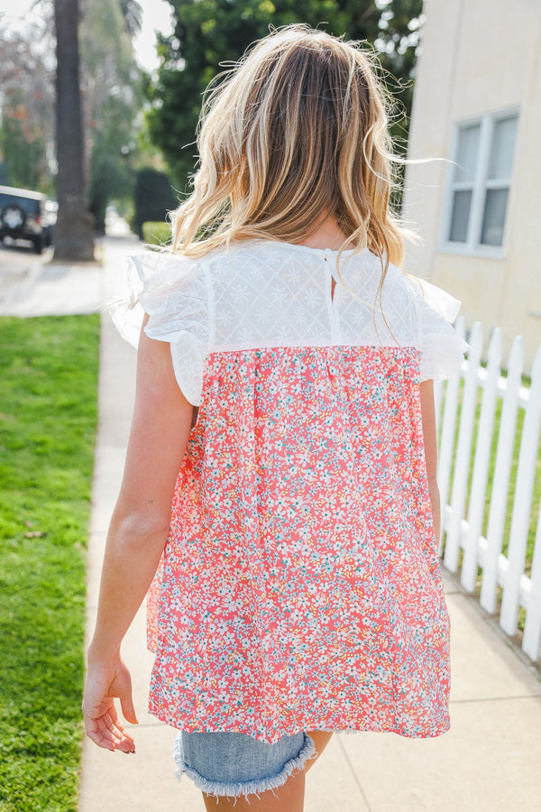 Coral & White Cotton Floral Embroidered Yoke Top - Coeur de la Mode