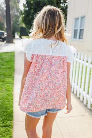 Coral & White Cotton Floral Embroidered Yoke Top - Coeur de la Mode