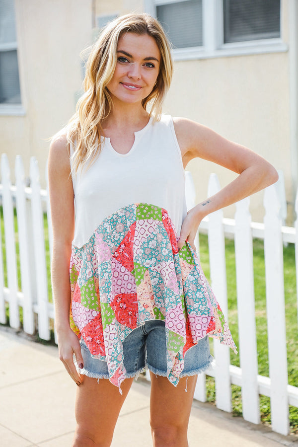 Feeling Femme Beige Patchwork Notched Neck Shark bite Top - Coeur de la Mode