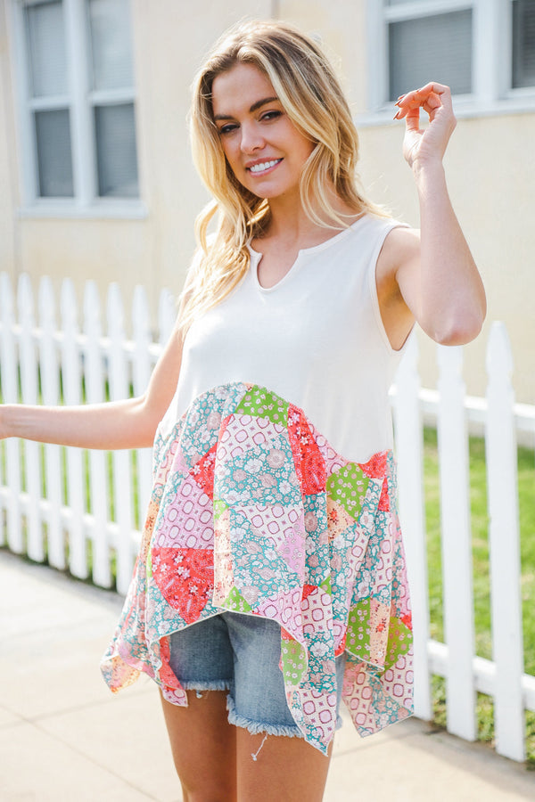 Feeling Femme Beige Patchwork Notched Neck Shark bite Top - Coeur de la Mode