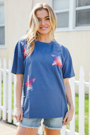 Patriotic Denim Blue French Terry Plaid Star Patch Top - Coeur de la Mode