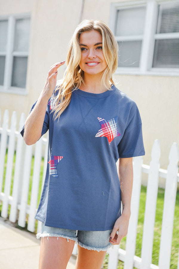 Patriotic Denim Blue French Terry Plaid Star Patch Top - Coeur de la Mode