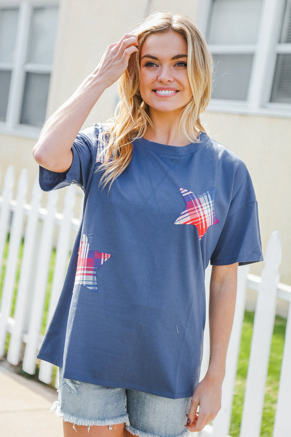 Patriotic Denim Blue French Terry Plaid Star Patch Top - Coeur de la Mode