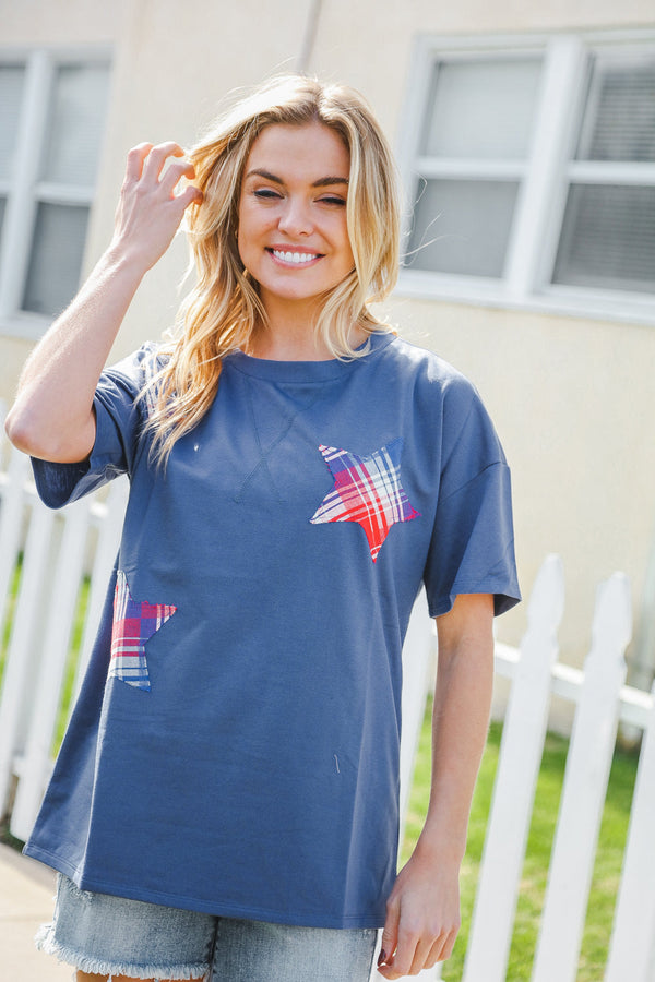 Patriotic Denim Blue French Terry Plaid Star Patch Top - Coeur de la Mode
