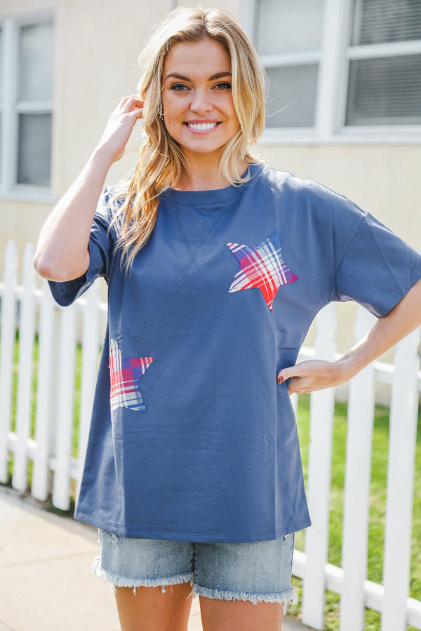 Patriotic Denim Blue French Terry Plaid Star Patch Top - Coeur de la Mode