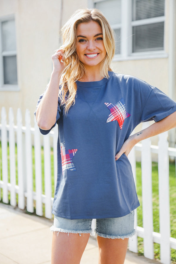 Patriotic Denim Blue French Terry Plaid Star Patch Top - Coeur de la Mode