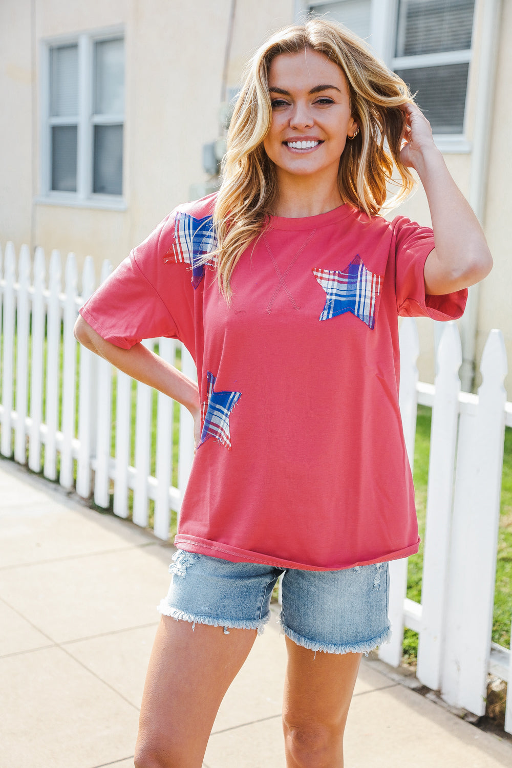 Patriotic Red Fench Terry Plaid Star Patch Top - Coeur de la Mode