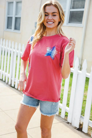 Patriotic Red Fench Terry Plaid Star Patch Top - Coeur de la Mode
