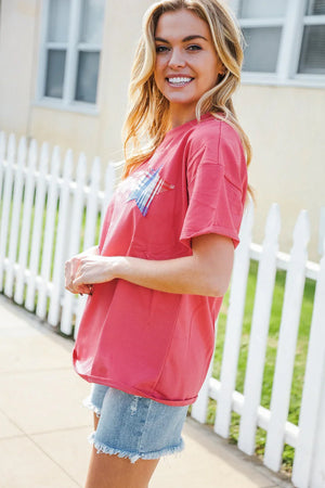 Patriotic Red Fench Terry Plaid Star Patch Top - Coeur de la Mode