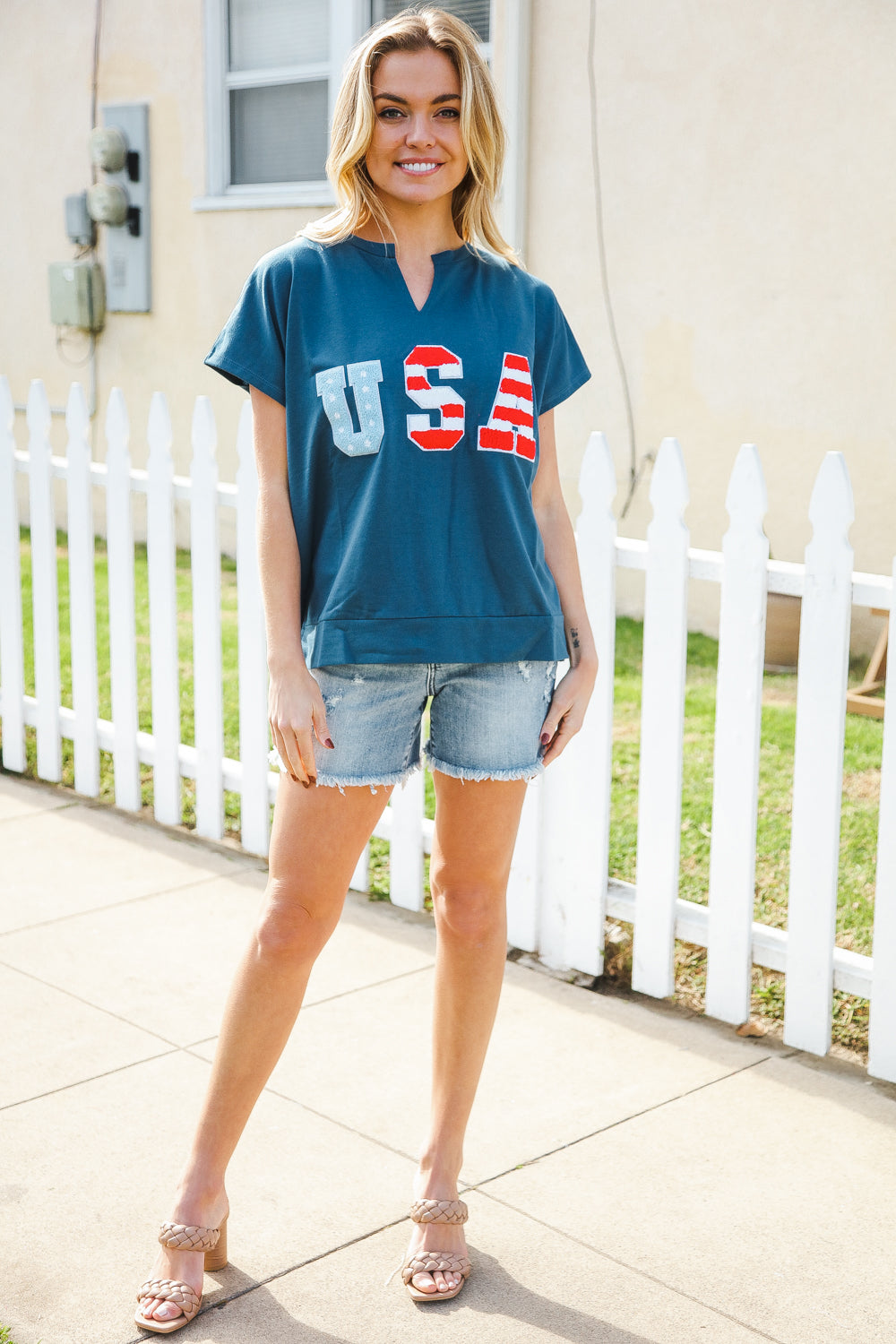 Patriotic Denim Blue French Terry Plaid Star Patch Top - Coeur de la Mode