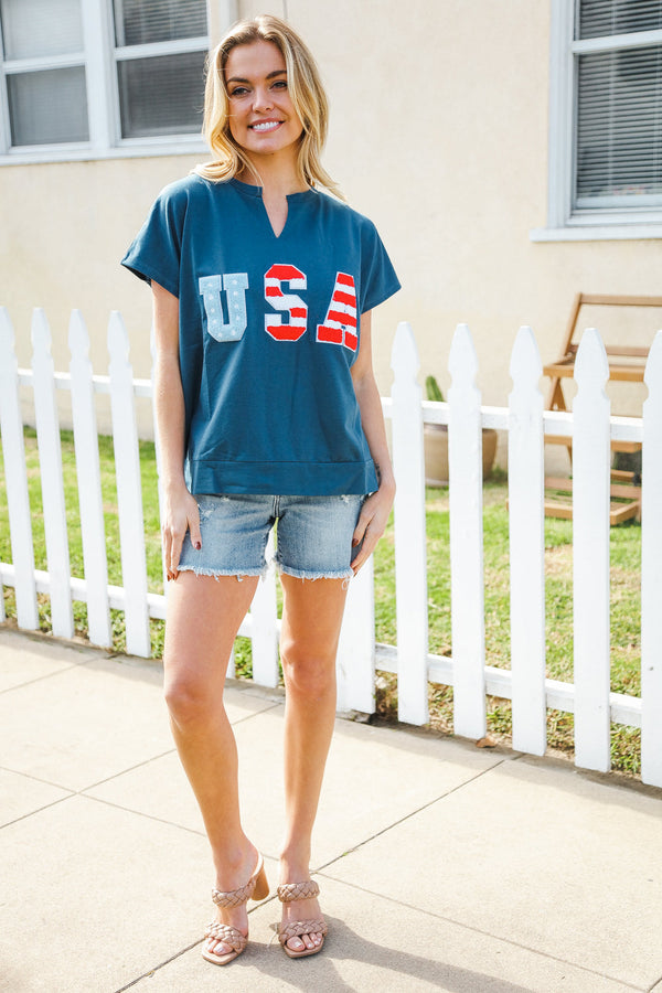 Patriotic Denim Blue French Terry Plaid Star Patch Top - Coeur de la Mode