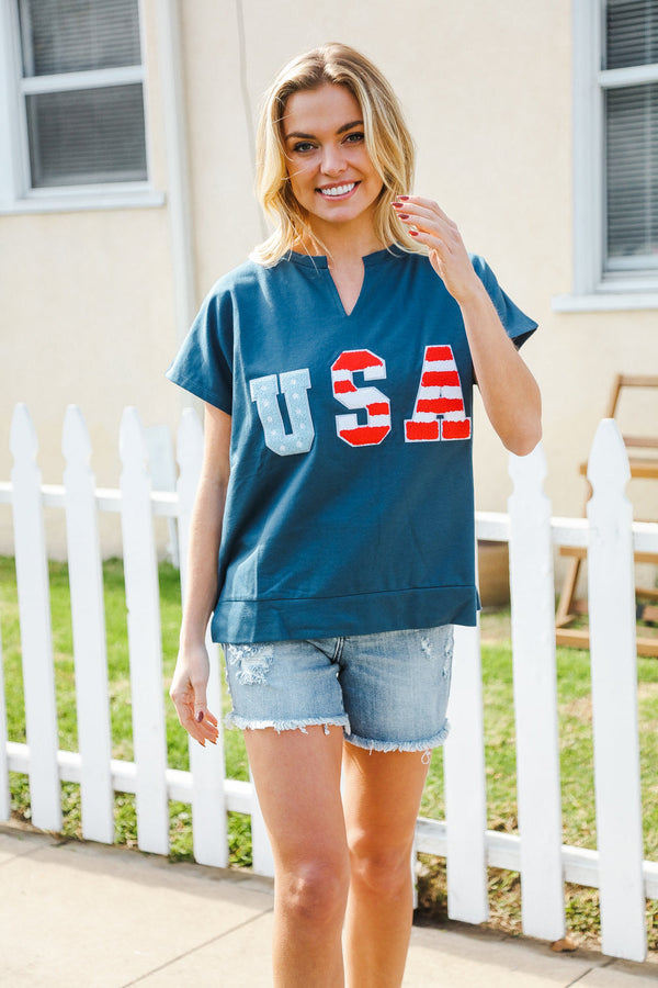 Patriotic Denim Blue French Terry Plaid Star Patch Top - Coeur de la Mode