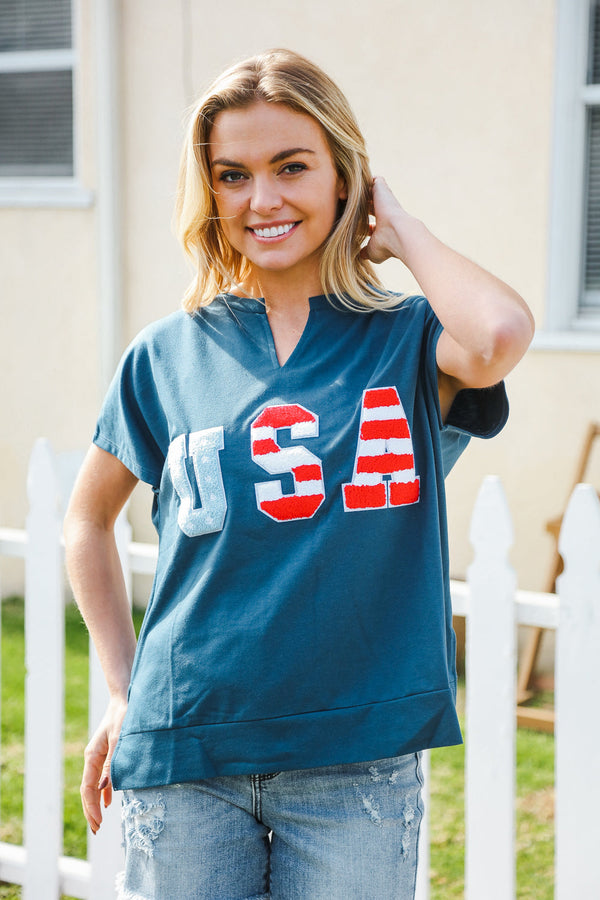 Patriotic Denim Blue French Terry Plaid Star Patch Top - Coeur de la Mode