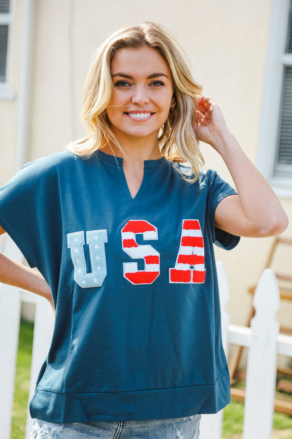 Patriotic Denim Blue French Terry Plaid Star Patch Top - Coeur de la Mode