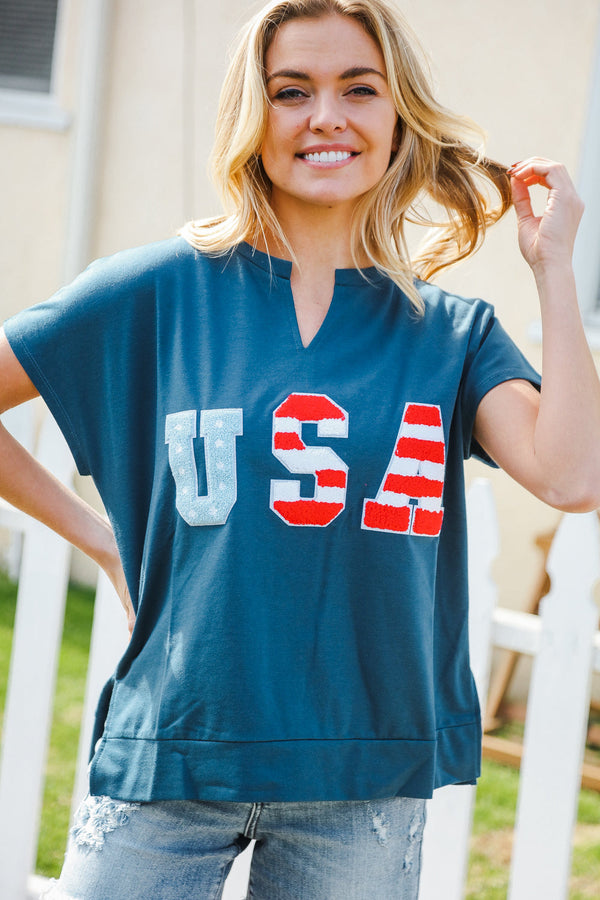 Patriotic Denim Blue French Terry Plaid Star Patch Top - Coeur de la Mode