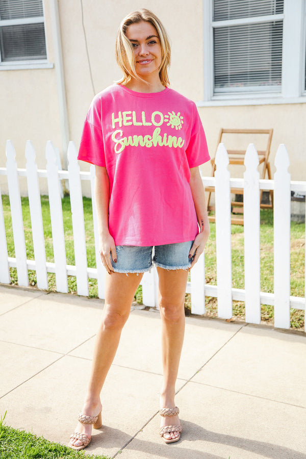 Hello Sunshine Pink/Yellow Embroidered French Terry Pullover - Coeur de la Mode