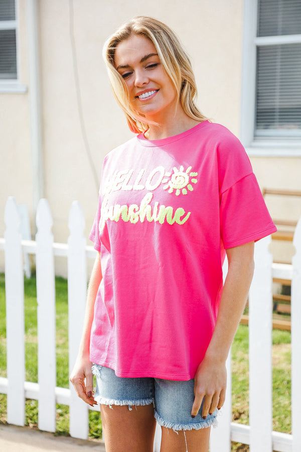 Hello Sunshine Pink/Yellow Embroidered French Terry Pullover - Coeur de la Mode