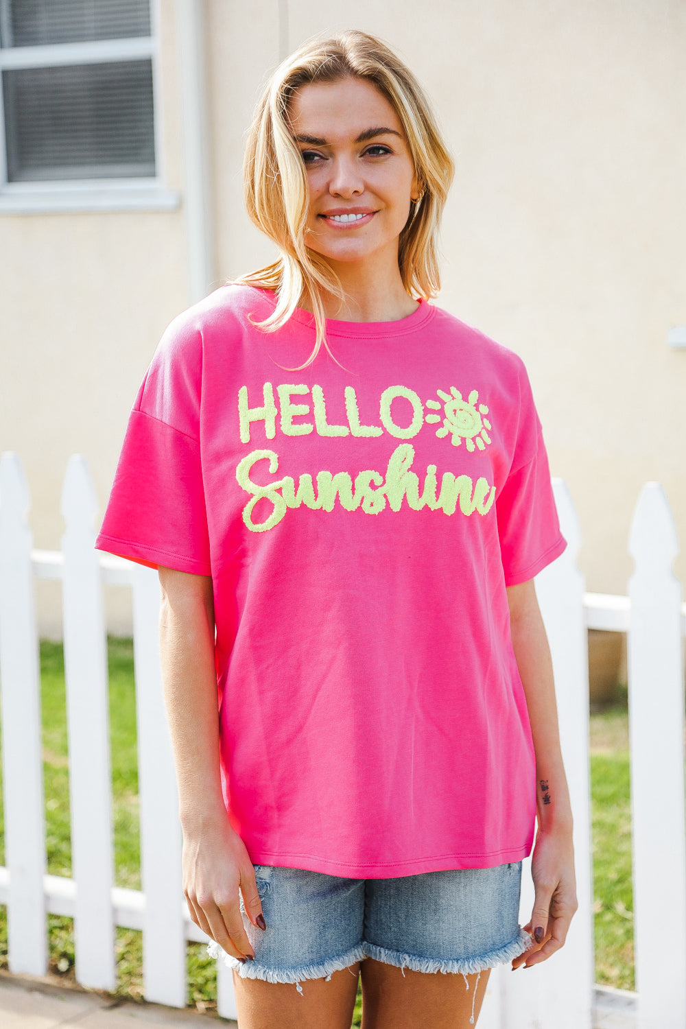 Hello Sunshine Pink/Yellow Embroidered French Terry Pullover - Coeur de la Mode