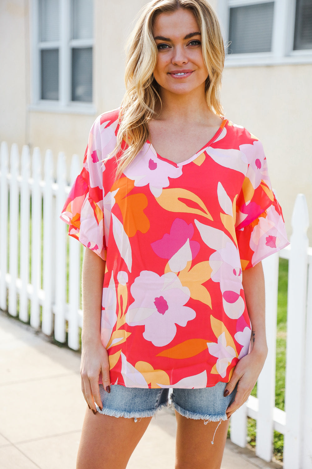 Tropical Vibes Peach Floral Dolman Ruffle Frill Sleeve Blouse - Coeur de la Mode