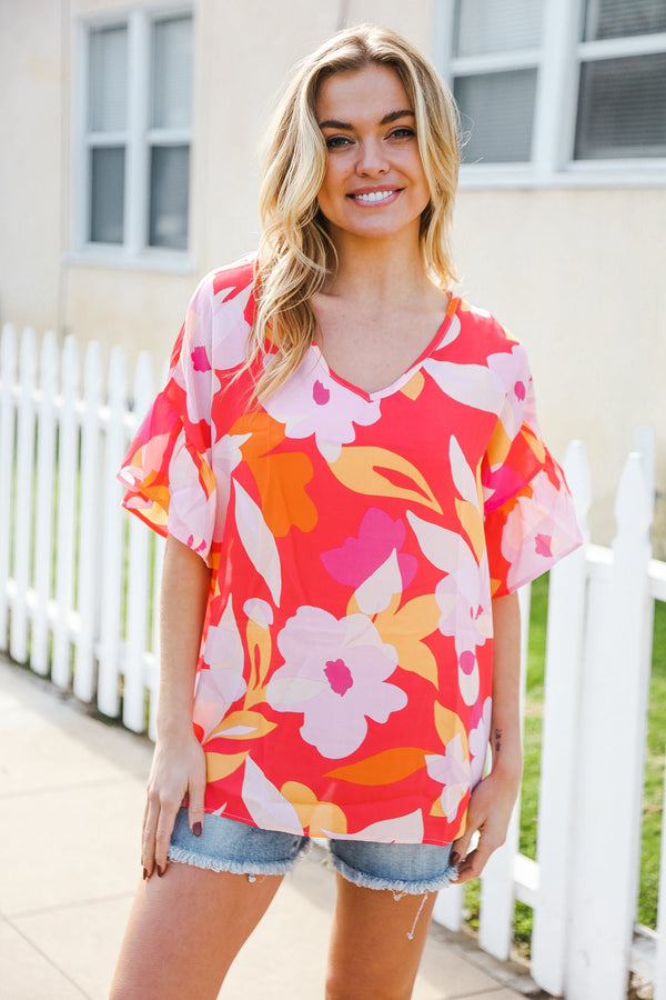 Tropical Vibes Peach Floral Dolman Ruffle Frill Sleeve Blouse - Coeur de la Mode