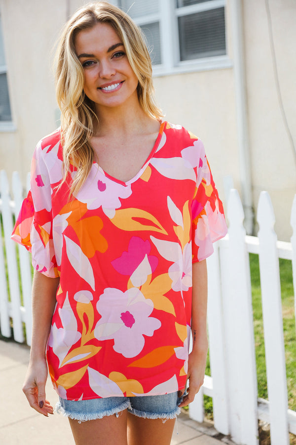 Tropical Vibes Peach Floral Dolman Ruffle Frill Sleeve Blouse - Coeur de la Mode