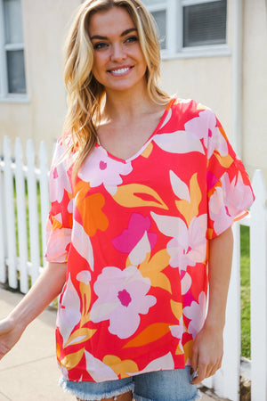 Tropical Vibes Peach Floral Dolman Ruffle Frill Sleeve Blouse - Coeur de la Mode