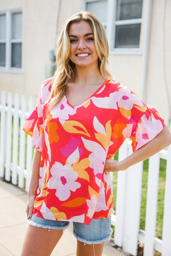 Tropical Vibes Peach Floral Dolman Ruffle Frill Sleeve Blouse - Coeur de la Mode
