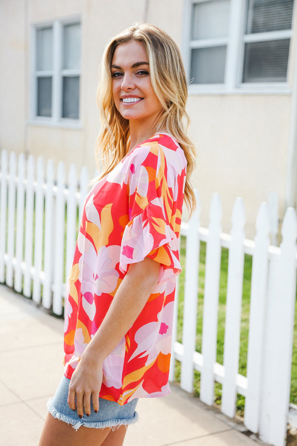 Tropical Vibes Peach Floral Dolman Ruffle Frill Sleeve Blouse - Coeur de la Mode
