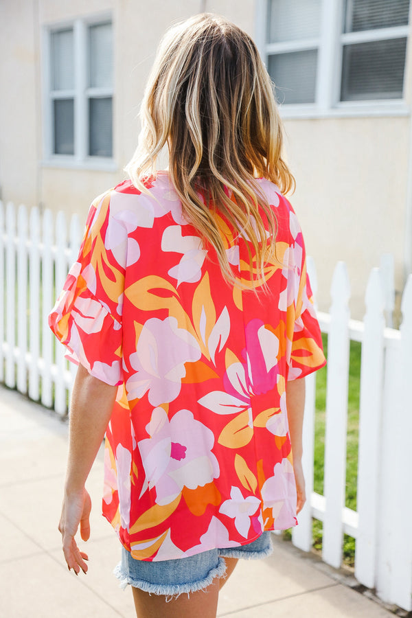 Tropical Vibes Peach Floral Dolman Ruffle Frill Sleeve Blouse - Coeur de la Mode