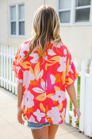 Tropical Vibes Peach Floral Dolman Ruffle Frill Sleeve Blouse - Coeur de la Mode