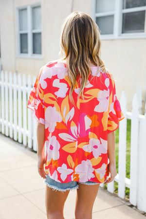Tropical Vibes Peach Floral Dolman Ruffle Frill Sleeve Blouse - Coeur de la Mode