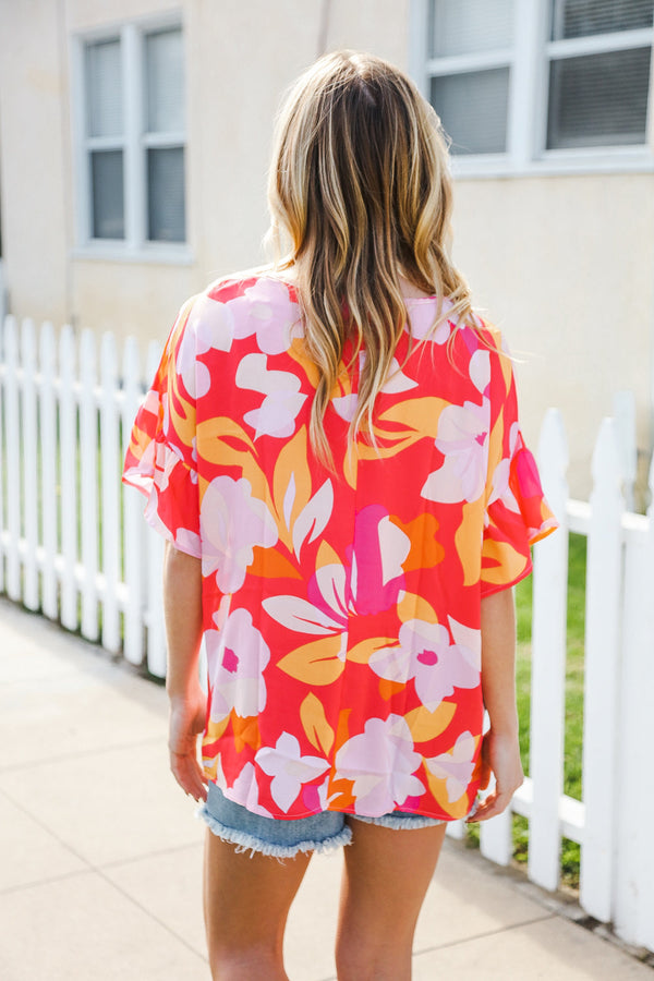Tropical Vibes Peach Floral Dolman Ruffle Frill Sleeve Blouse - Coeur de la Mode