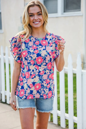 Vacay Ready Blue & Fuchsia Floral Smocked Ruffle Sleeve Top - Coeur de la Mode