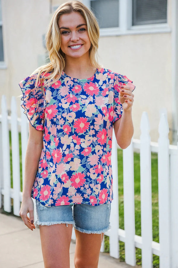 Vacay Ready Blue & Fuchsia Floral Smocked Ruffle Sleeve Top - Coeur de la Mode