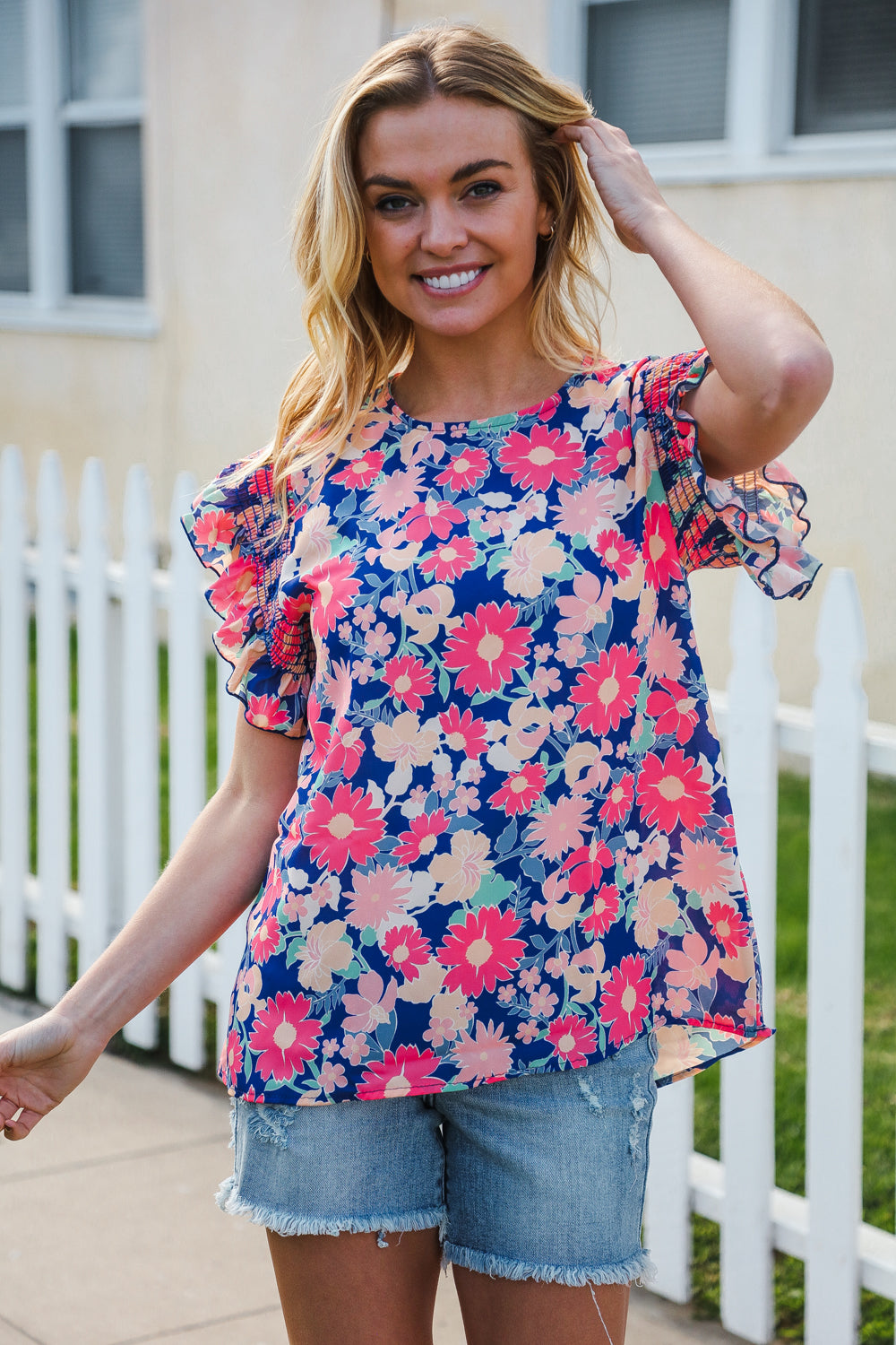 Vacay Ready Blue & Fuchsia Floral Smocked Ruffle Sleeve Top - Coeur de la Mode