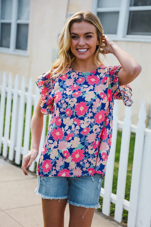 Vacay Ready Blue & Fuchsia Floral Smocked Ruffle Sleeve Top - Coeur de la Mode